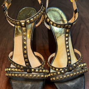 MICHAEL KORS Women's Black Gold Stud Strappy High Wedge Sandal SIZE 7.5